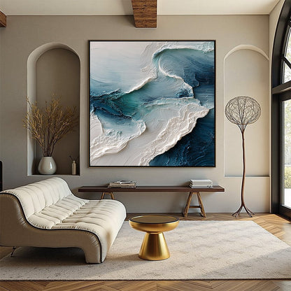 Tidal Rhythm hand-painted ocean blue, ivory and soft neutral tones textured ocean wave painting shown as stretched canvas