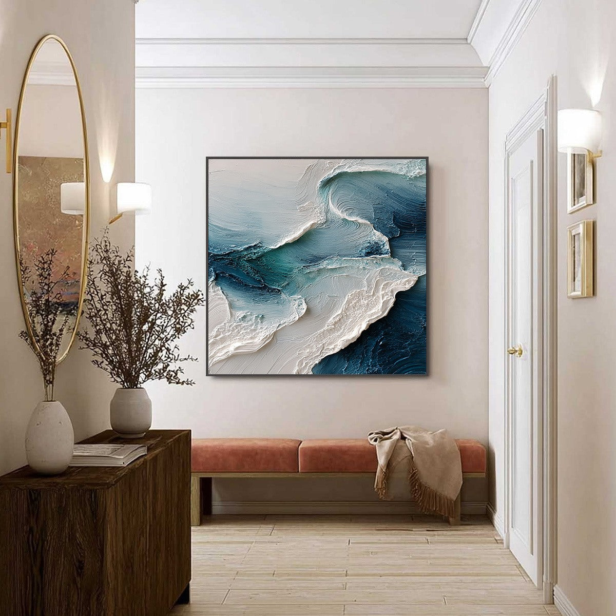 Tidal Rhythm hand-painted ocean blue, ivory and soft neutral tones textured ocean wave painting shown with silver frame