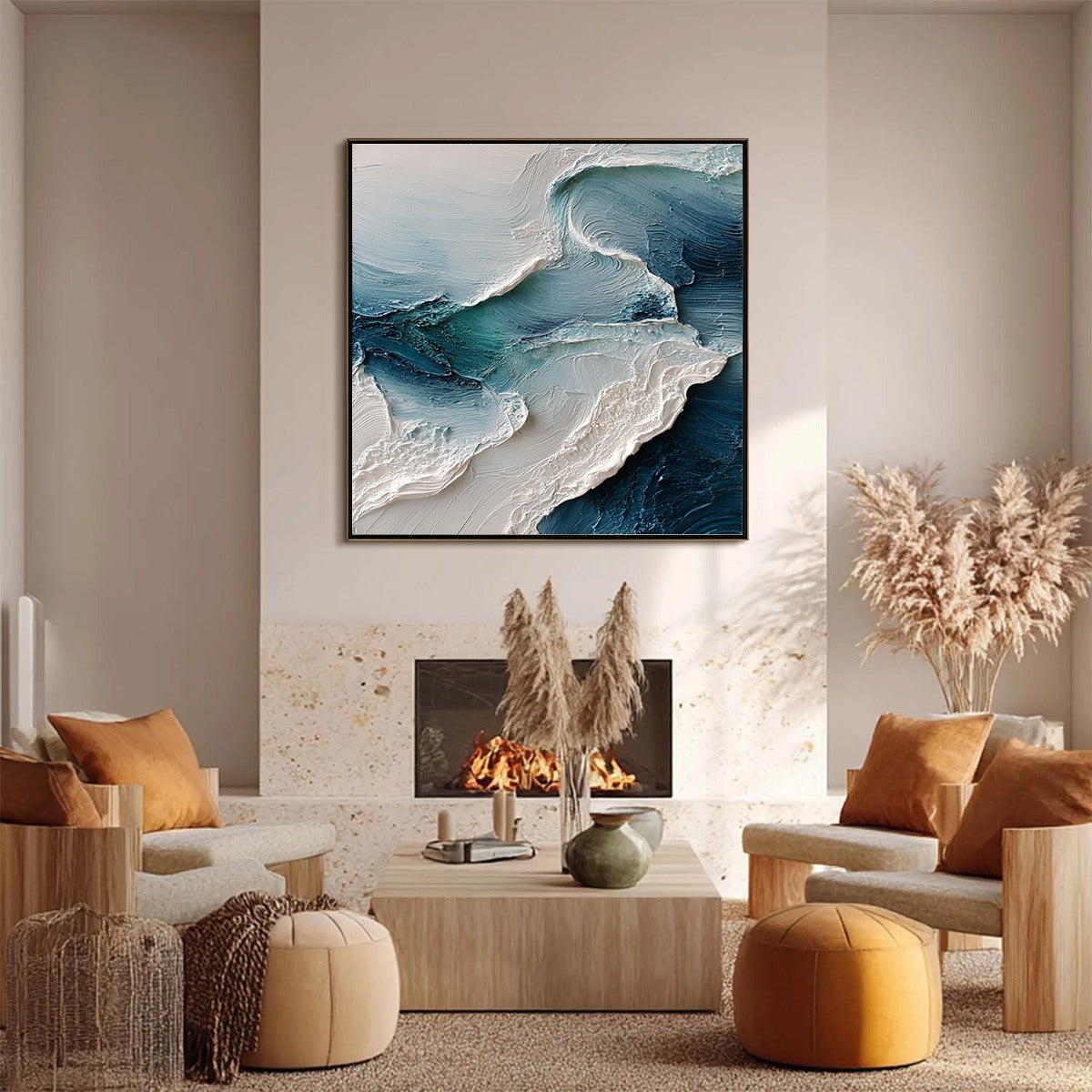Tidal Rhythm hand-painted ocean blue, ivory and soft neutral tones textured ocean wave painting shown with black frame