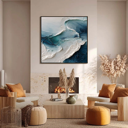 Tidal Rhythm hand-painted ocean blue, ivory and soft neutral tones textured ocean wave painting shown with black frame