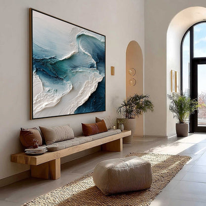 Tidal Rhythm hand-painted ocean blue, ivory and soft neutral tones textured ocean wave painting shown with wood frame