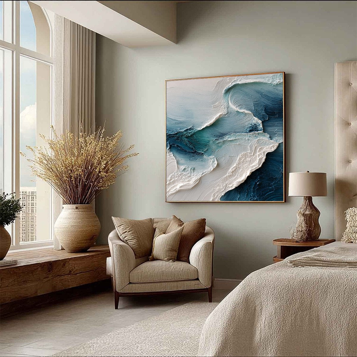 Tidal Rhythm hand-painted ocean blue, ivory and soft neutral tones textured ocean wave painting rolled canvas option