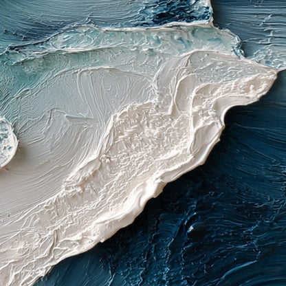 Tidal Rhythm hand-painted ocean blue, ivory and soft neutral tones textured ocean wave painting shown with gold frame