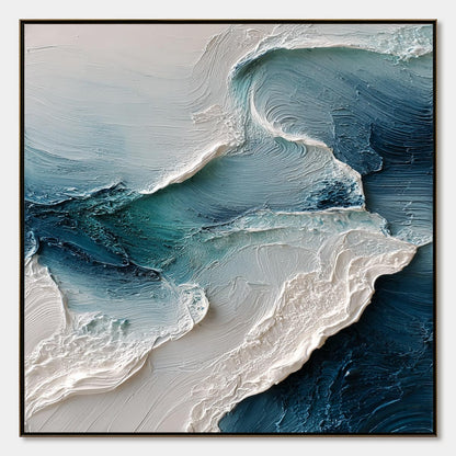 Tidal Rhythm hand-painted ocean blue, ivory and soft neutral tones textured ocean wave painting rolled canvas option