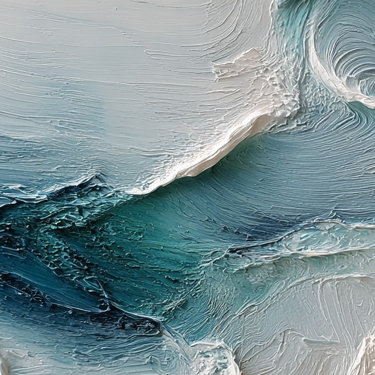 Tidal Rhythm hand-painted ocean blue, ivory and soft neutral tones textured ocean wave painting shown with white frame