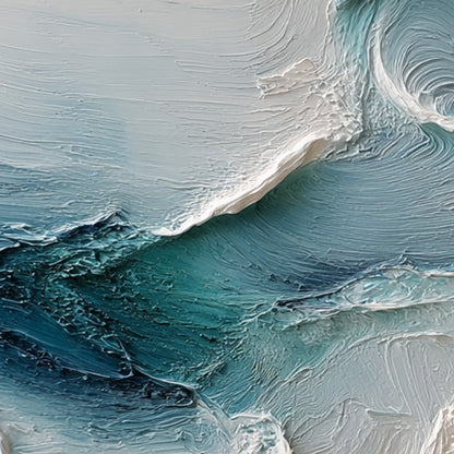 Tidal Rhythm hand-painted ocean blue, ivory and soft neutral tones textured ocean wave painting shown with white frame
