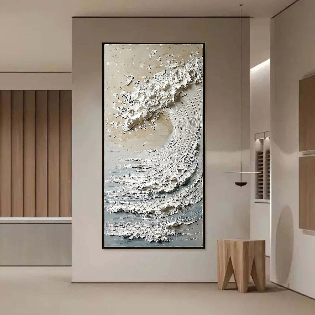 Tidal Serenity hand-painted ocean blue, ivory and soft neutral tones textured ocean wave painting shown with silver frame