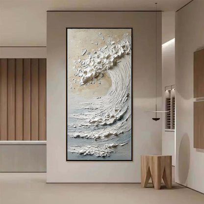 Tidal Serenity hand-painted ocean blue, ivory and soft neutral tones textured ocean wave painting shown with silver frame