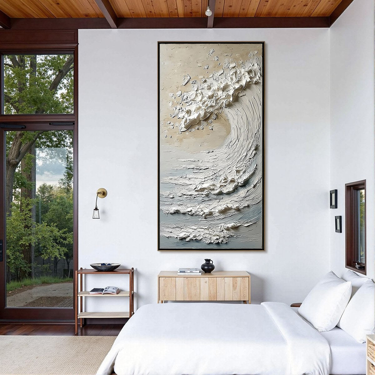 Tidal Serenity hand-painted ocean blue, ivory and soft neutral tones textured ocean wave painting shown with black frame