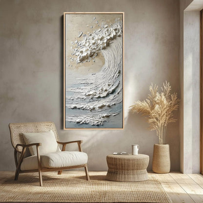 Tidal Serenity hand-painted ocean blue, ivory and soft neutral tones textured ocean wave painting shown as stretched canvas