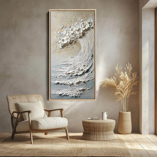 Tidal Serenity hand-painted ocean blue, ivory and soft neutral tones textured ocean wave painting shown as stretched canvas