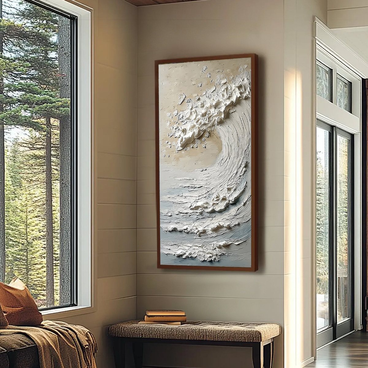 Tidal Serenity hand-painted ocean blue, ivory and soft neutral tones textured ocean wave painting shown with wood frame