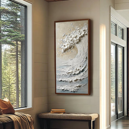 Tidal Serenity hand-painted ocean blue, ivory and soft neutral tones textured ocean wave painting shown with wood frame