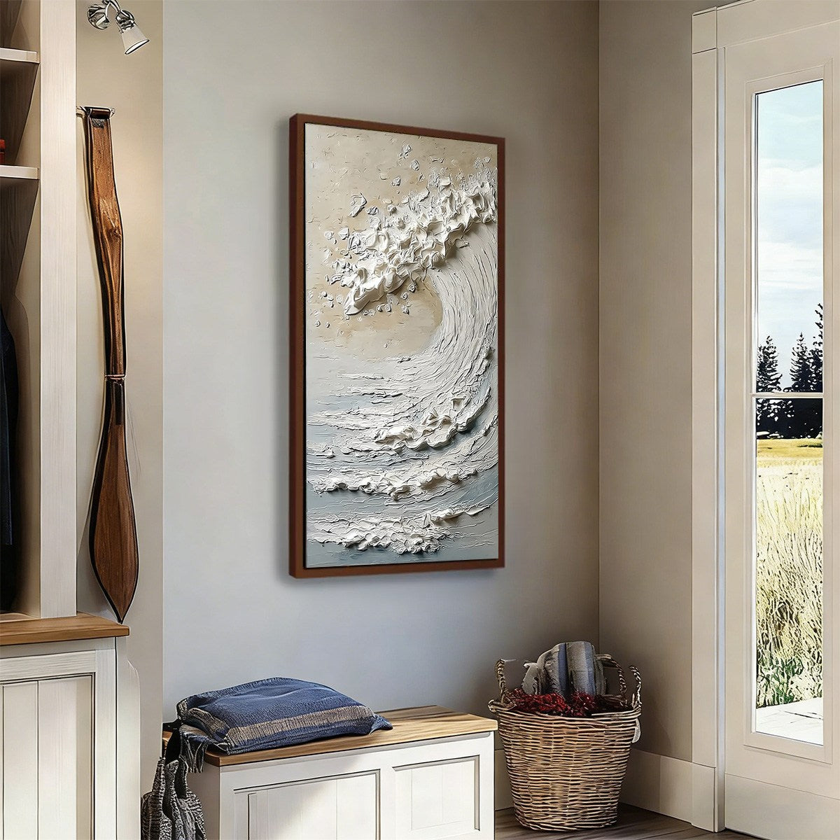Tidal Serenity hand-painted ocean blue, ivory and soft neutral tones textured ocean wave painting rolled canvas option