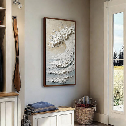 Tidal Serenity hand-painted ocean blue, ivory and soft neutral tones textured ocean wave painting rolled canvas option