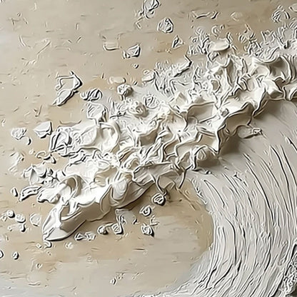 Tidal Serenity hand-painted ocean blue, ivory and soft neutral tones textured ocean wave painting shown with white frame