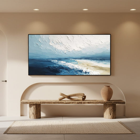 Tidal Whisper hand-painted sand and ivory textured seascape painting shown as stretched canvas
