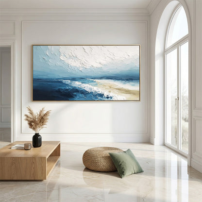 Tidal Whisper hand-painted sand and ivory textured seascape painting shown with silver frame