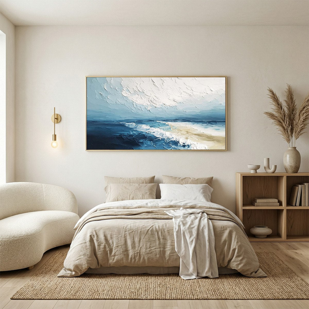 Tidal Whisper hand-painted sand and ivory textured seascape painting shown with black frame