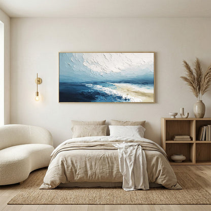 Tidal Whisper hand-painted sand and ivory textured seascape painting shown with black frame