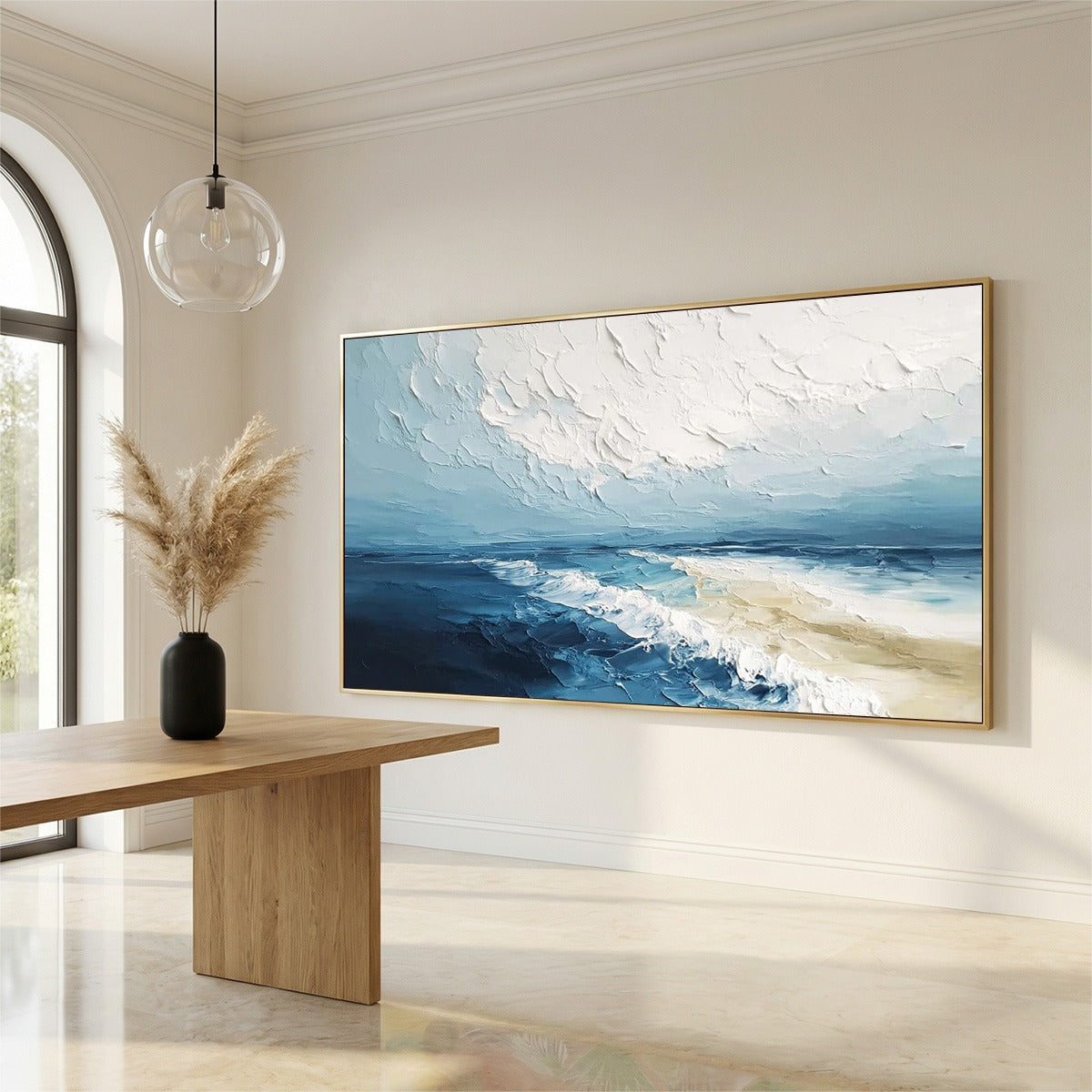 Tidal Whisper hand-painted sand and ivory textured seascape painting shown with wood frame