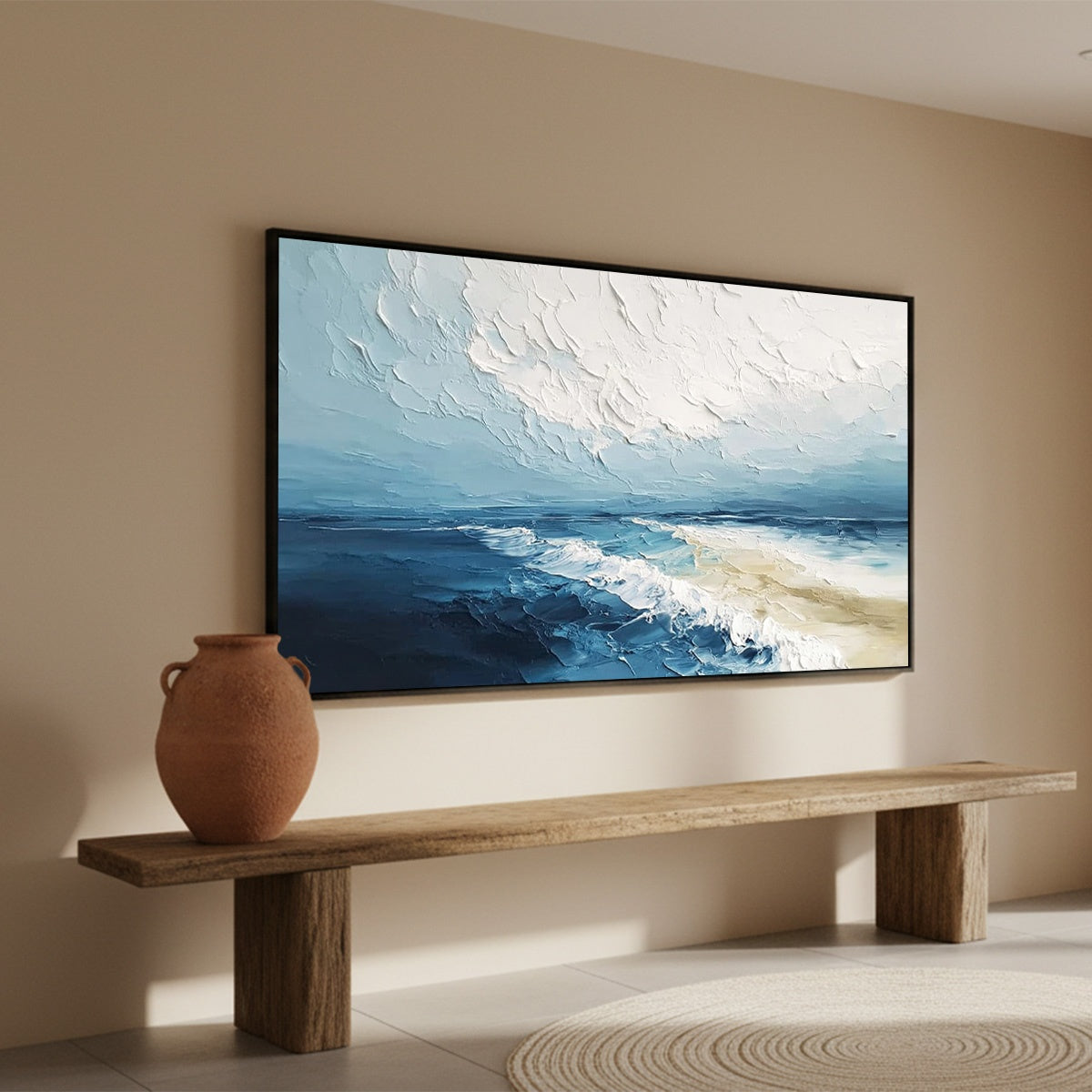 Tidal Whisper hand-painted sand and ivory textured seascape painting rolled canvas option
