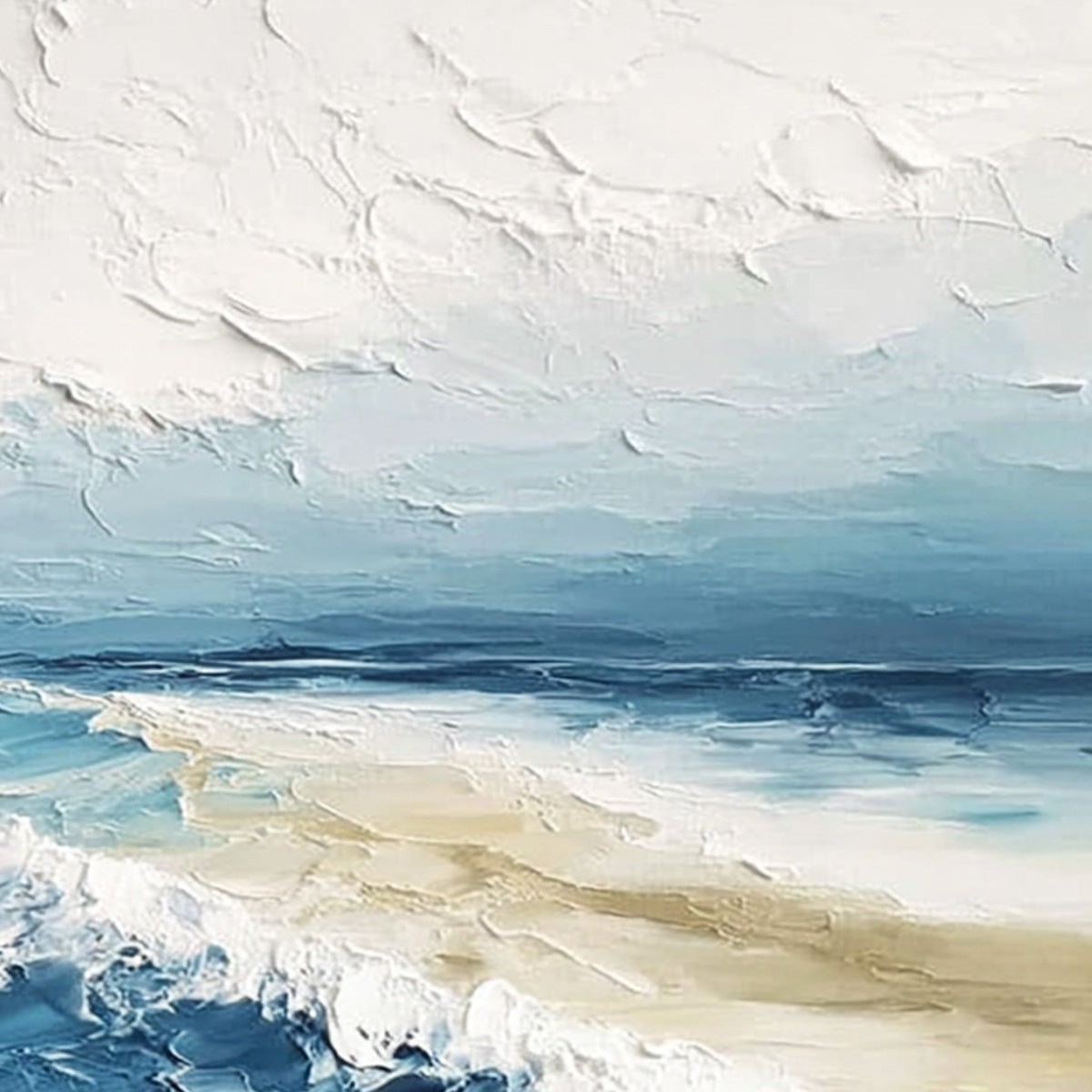 Tidal Whisper hand-painted sand and ivory textured seascape painting shown with white frame