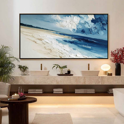 Tidal Whisper hand-painted sand and ivory textured seascape painting shown with silver frame