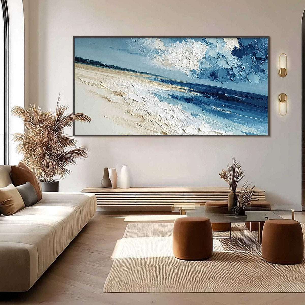 Tidal Whisper hand-painted sand and ivory textured seascape painting shown with black frame