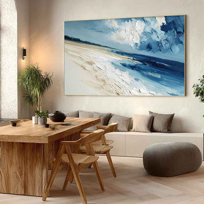 Tidal Whisper hand-painted sand and ivory textured seascape painting shown with wood frame