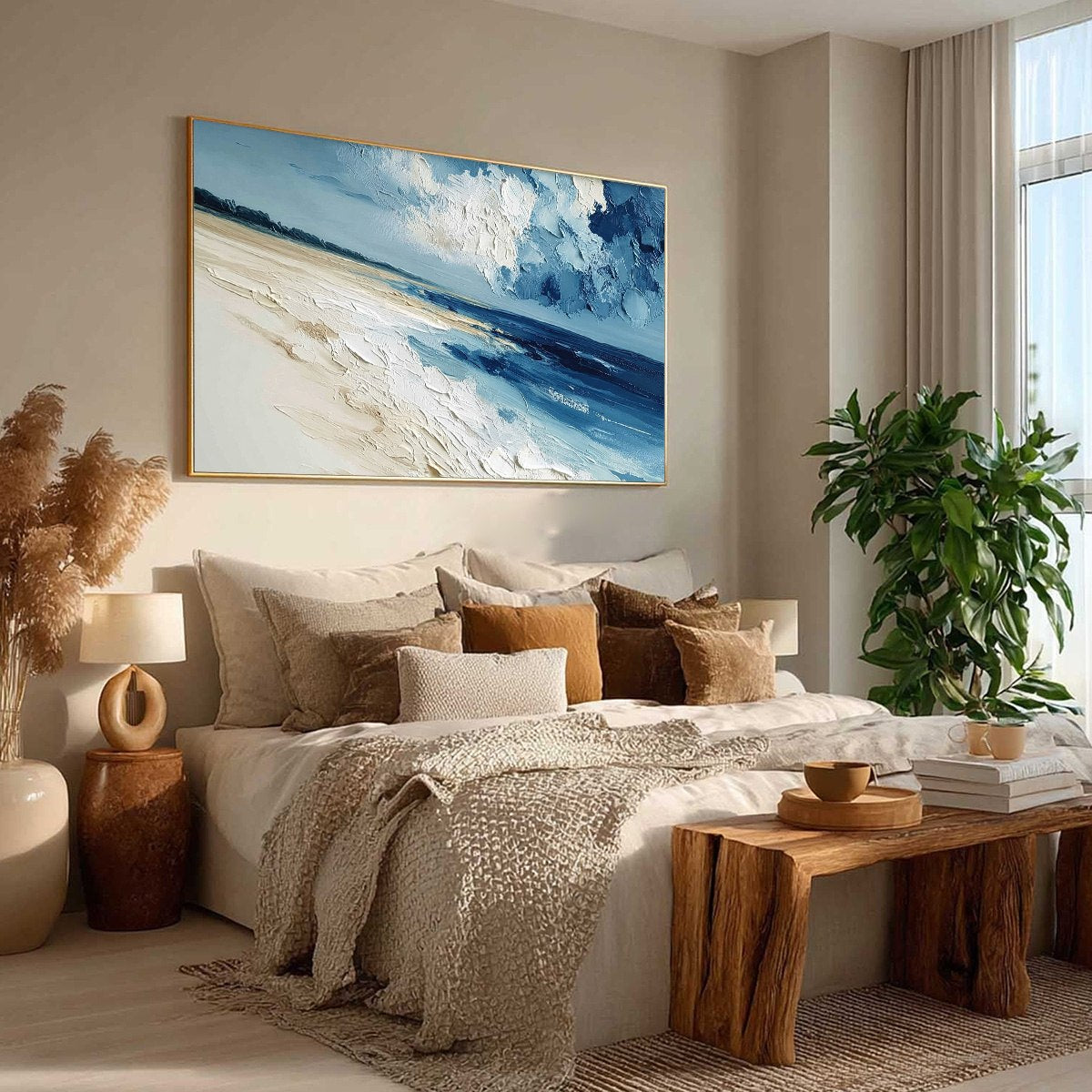 Tidal Whisper hand-painted sand and ivory textured seascape painting rolled canvas option
