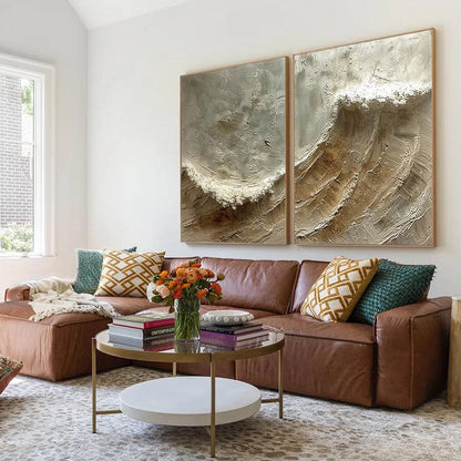 Tidal Whisper hand-painted white, beige, sand and soft grey textured ocean wave painting shown with black frame