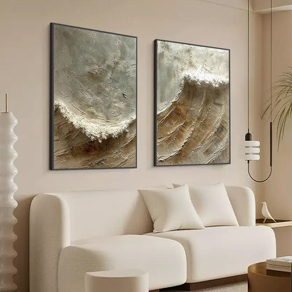 Tidal Whisper hand-painted white, beige, sand and soft grey textured ocean wave painting rolled canvas option