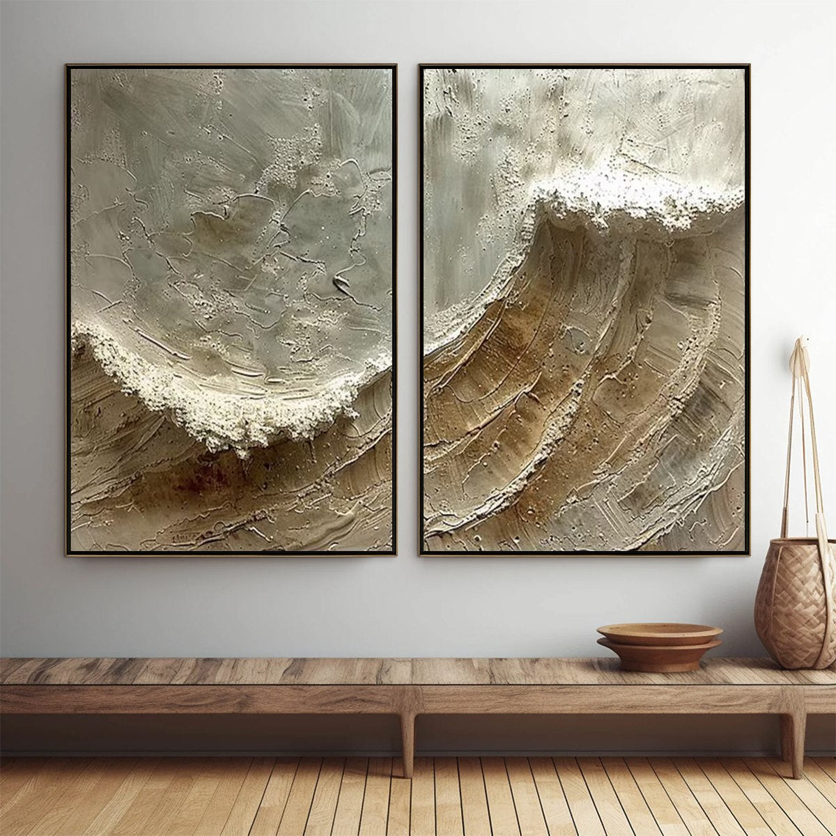 Tidal Whisper hand-painted white, beige, sand and soft grey textured ocean wave painting shown as stretched canvas