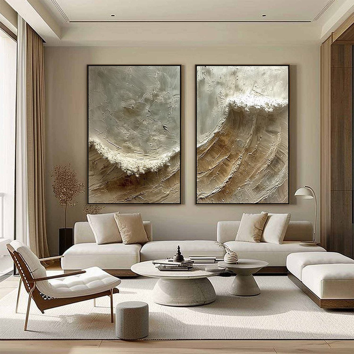 Tidal Whisper hand-painted white, beige, sand and soft grey textured ocean wave painting shown with silver frame