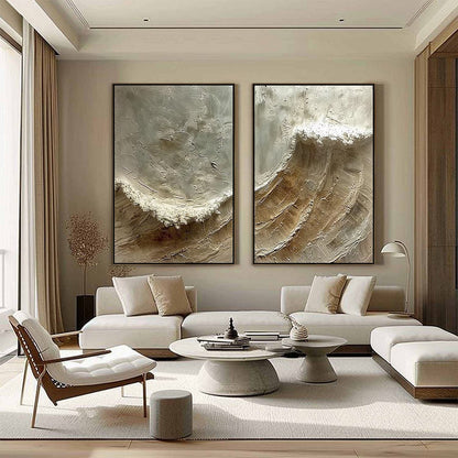 Tidal Whisper hand-painted white, beige, sand and soft grey textured ocean wave painting shown with silver frame
