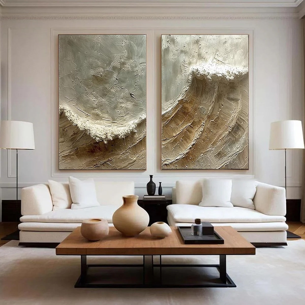 Tidal Whisper hand-painted white, beige, sand and soft grey textured ocean wave painting shown with wood frame