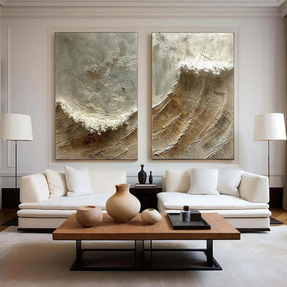 Tidal Whisper hand-painted white, beige, sand and soft grey textured ocean wave painting shown with wood frame