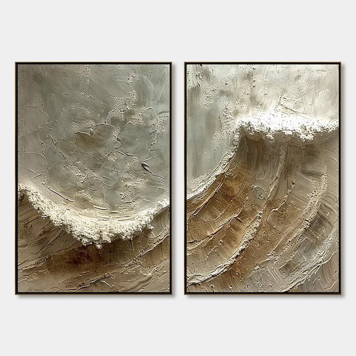 Tidal Whisper hand-painted white, beige, sand and soft grey textured ocean wave painting rolled canvas option