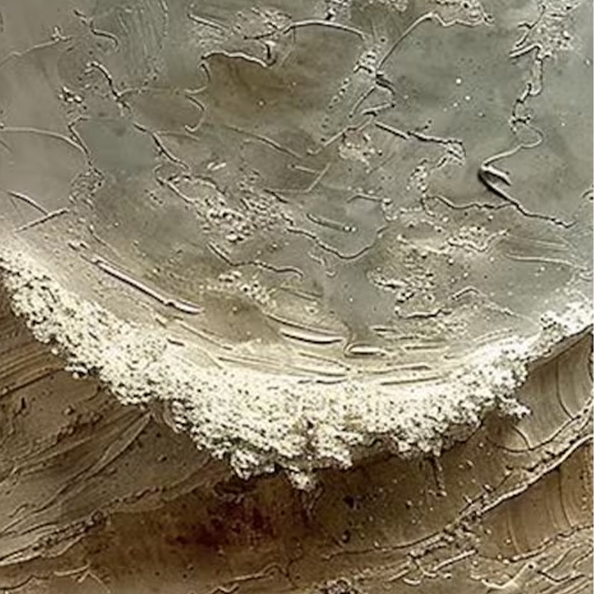 Tidal Whisper hand-painted white, beige, sand and soft grey textured ocean wave painting shown with gold frame