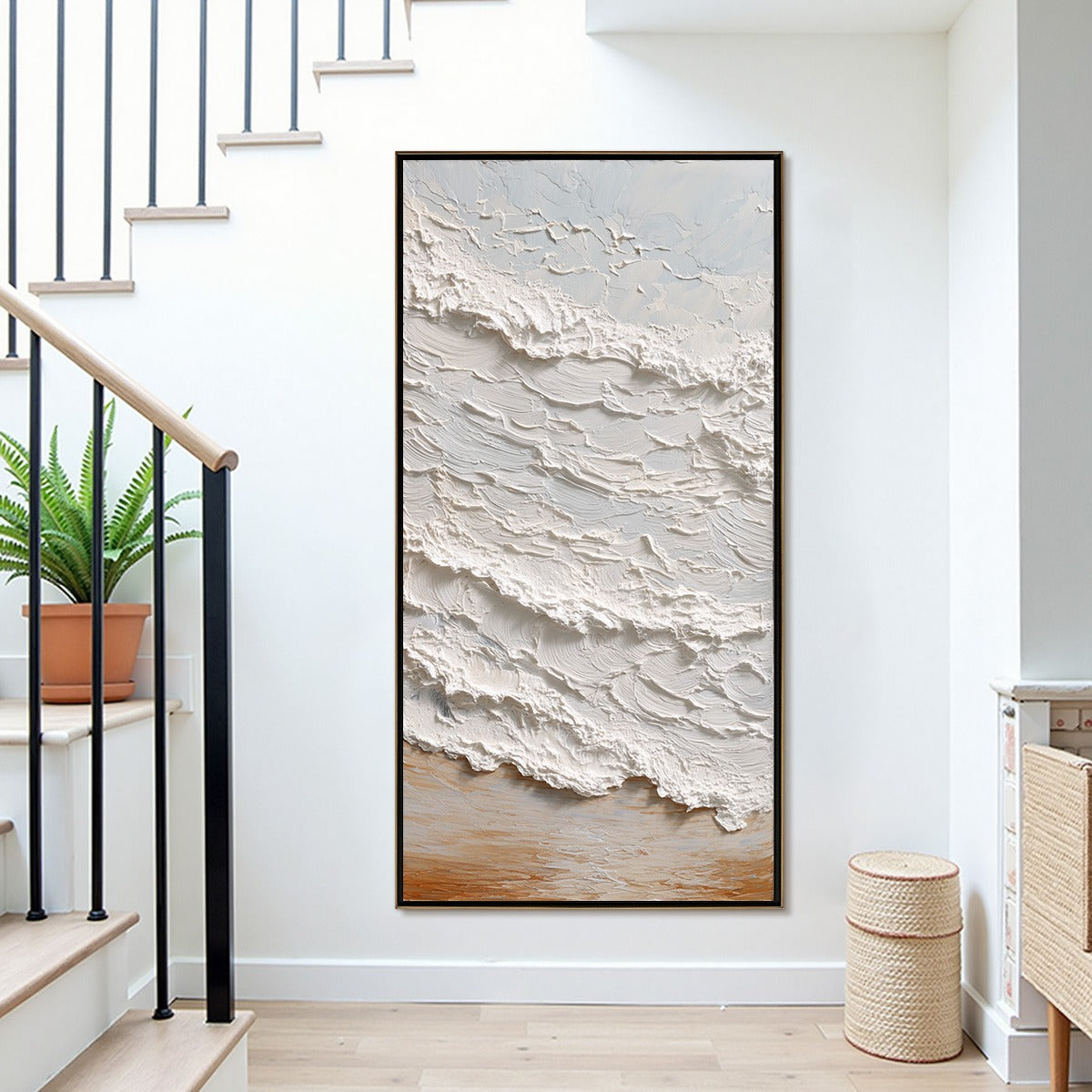Tidal Crest hand-painted white, beige, sand and soft grey textured ocean wave painting shown as stretched canvas