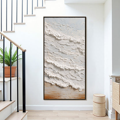 Tidal Crest hand-painted white, beige, sand and soft grey textured ocean wave painting shown as stretched canvas