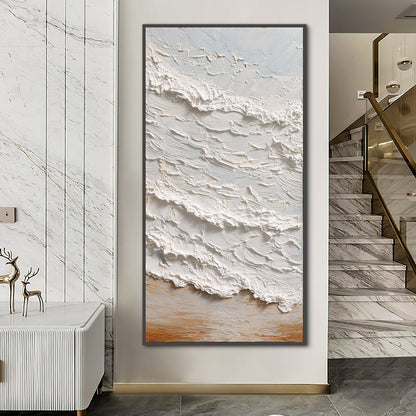 Tidal Crest hand-painted white, beige, sand and soft grey textured ocean wave painting shown with silver frame