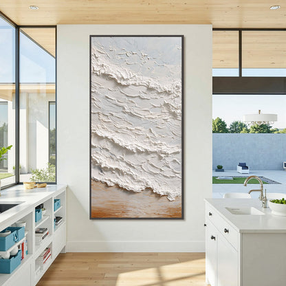 Tidal Crest hand-painted white, beige, sand and soft grey textured ocean wave painting shown with black frame