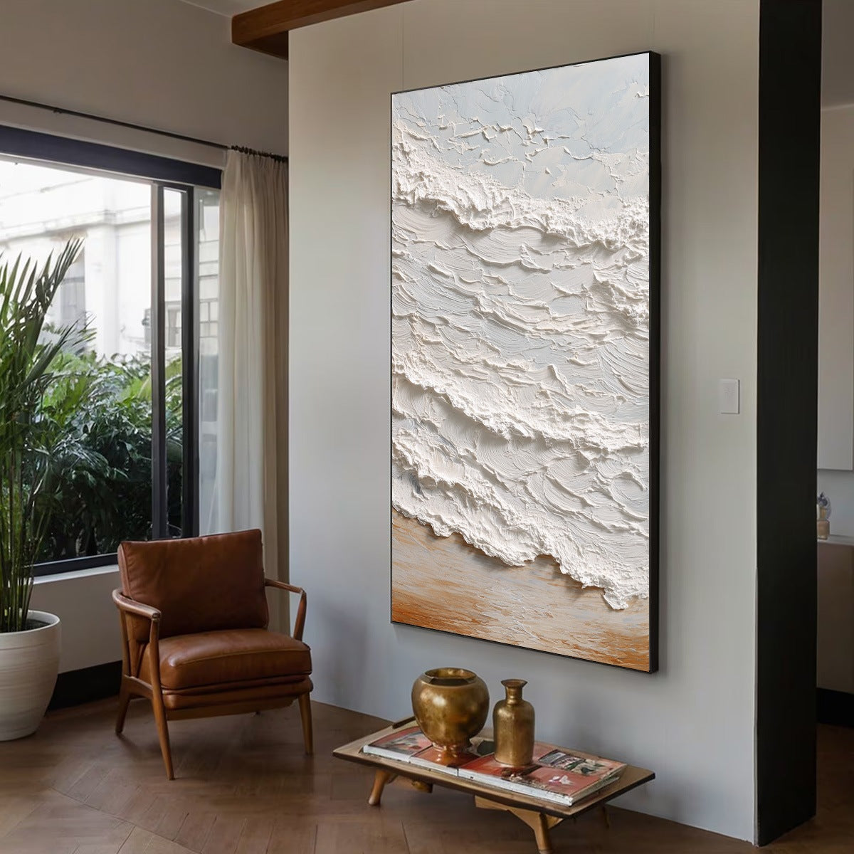 Tidal Crest hand-painted white, beige, sand and soft grey textured ocean wave painting shown with wood frame