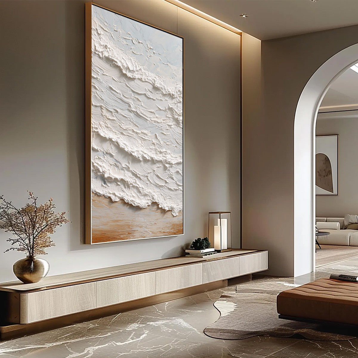 Tidal Crest hand-painted white, beige, sand and soft grey textured ocean wave painting rolled canvas option