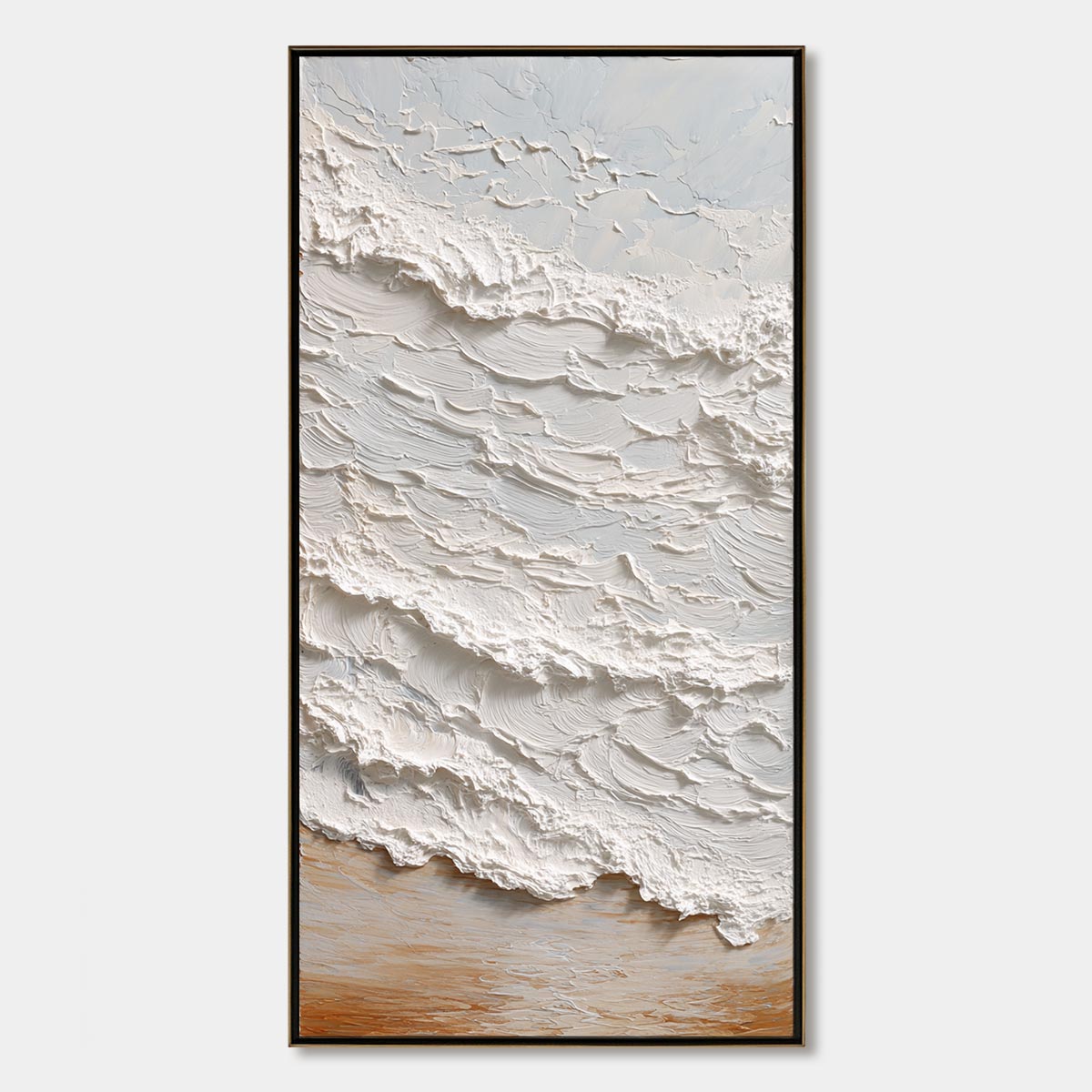 Tidal Crest hand-painted white, beige, sand and soft grey textured ocean wave painting rolled canvas option