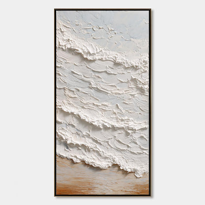 Tidal Crest hand-painted white, beige, sand and soft grey textured ocean wave painting rolled canvas option