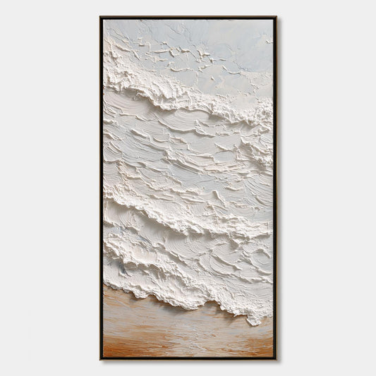 Tidal Crest hand-painted white, beige, sand and soft grey textured ocean wave painting rolled canvas option