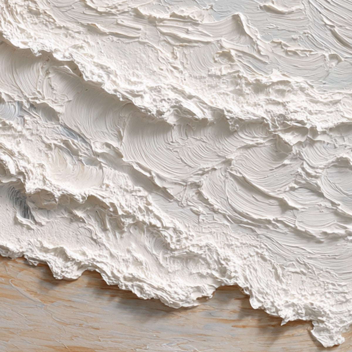 Tidal Crest hand-painted white, beige, sand and soft grey textured ocean wave painting shown with gold frame